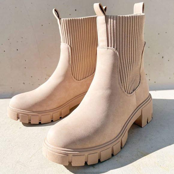 NEW Taupe Beige Chunky Lug Sole Platform Elastic Sock Ankle Chelsea Bootie Boots - Picture 2 of 13
